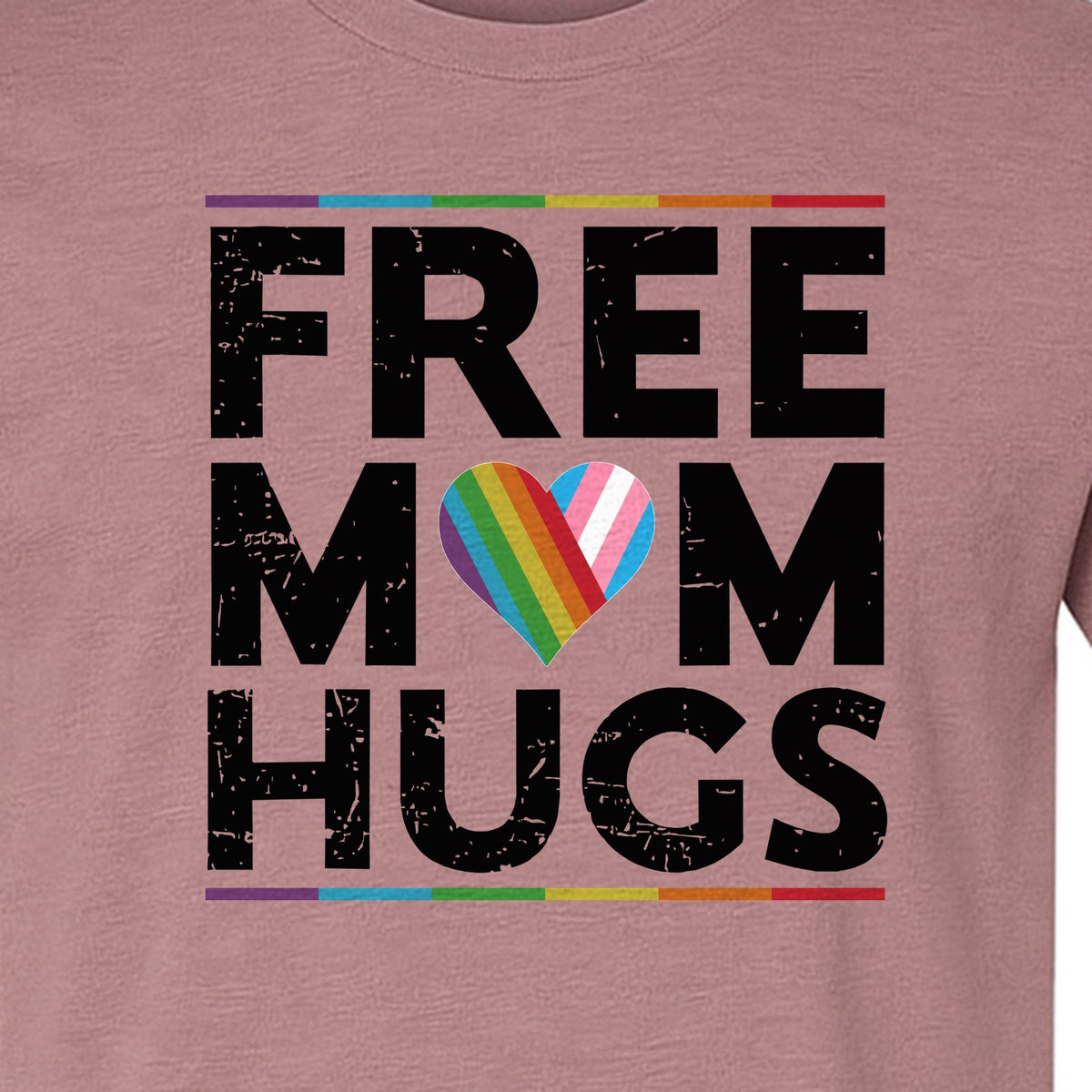 Free Mom Hugs T-Shirt, Rainbow Heart Design for LGBTQ+ Support and Pride Month Events