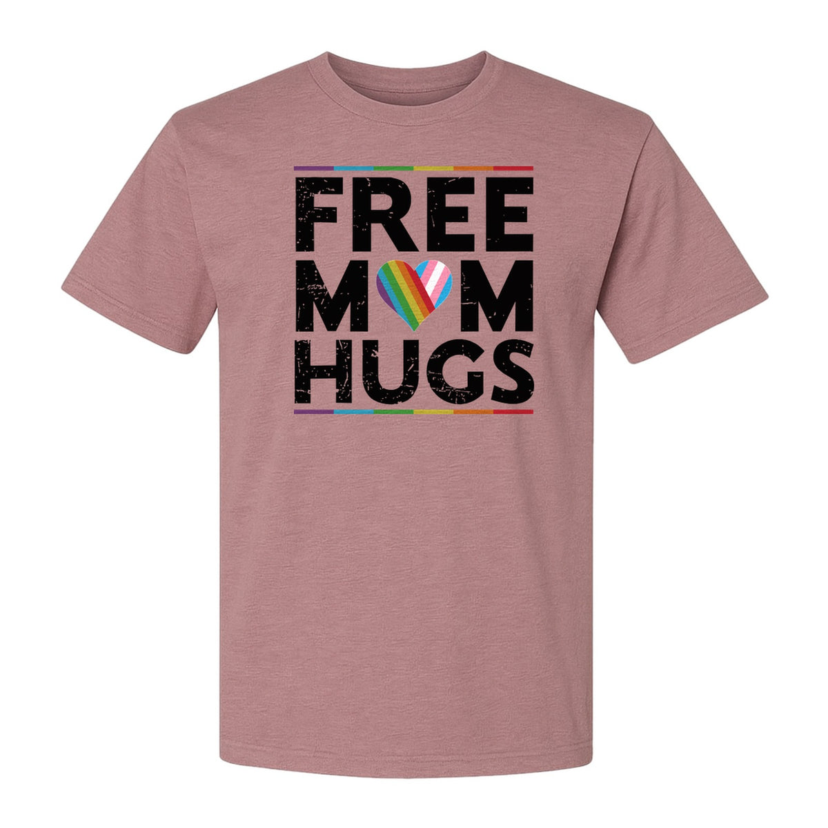 Free Mom Hugs T-Shirt, Rainbow Heart Design for LGBTQ+ Support and Pride Month Events