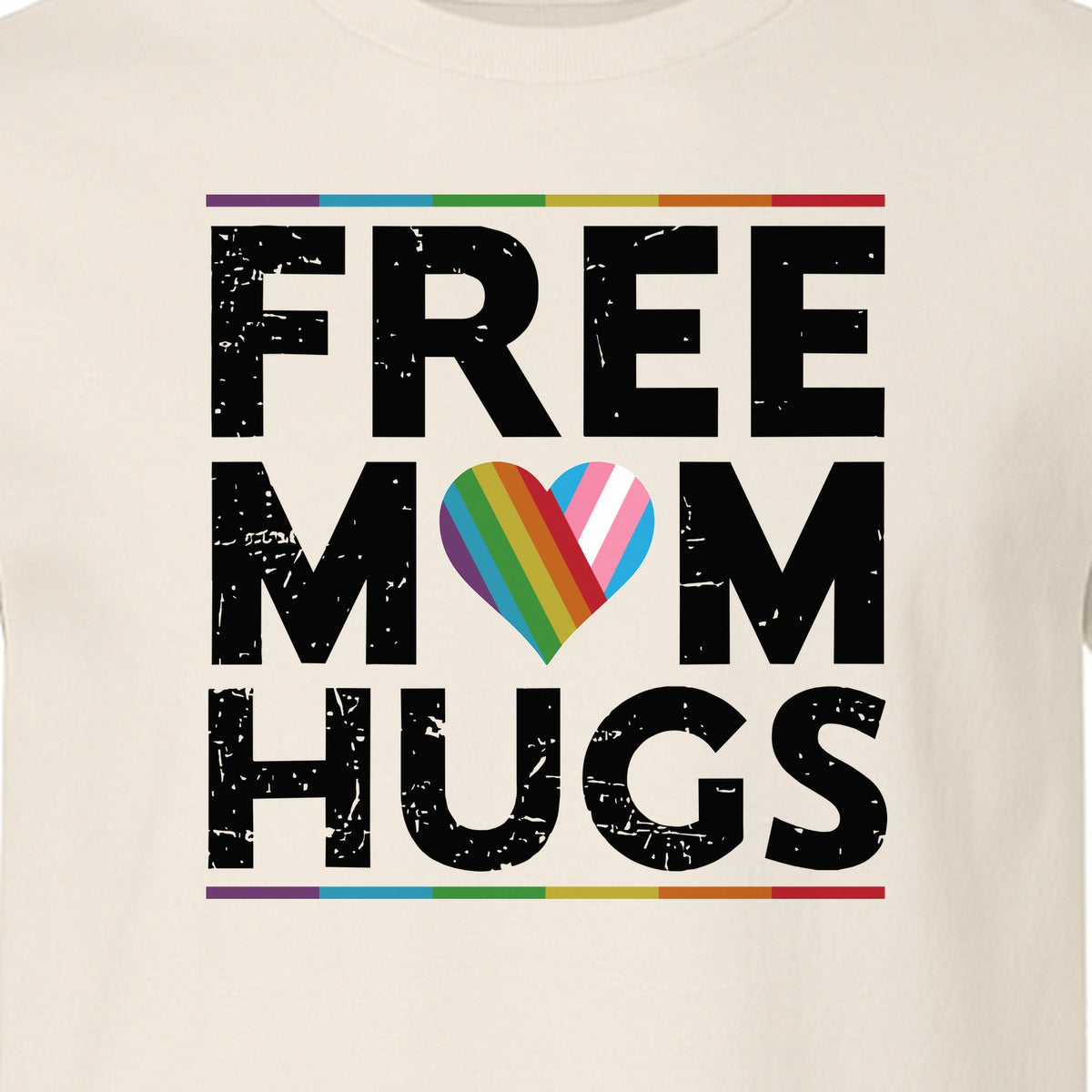 Free Mom Hugs T-Shirt, Rainbow Heart Design for LGBTQ+ Support and Pride Month Events