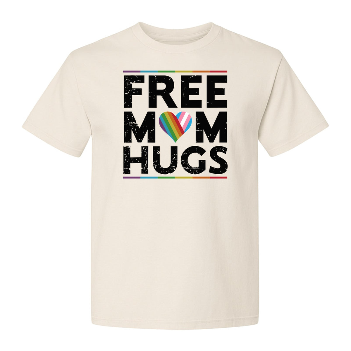 Free Mom Hugs T-Shirt, Rainbow Heart Design for LGBTQ+ Support and Pride Month Events