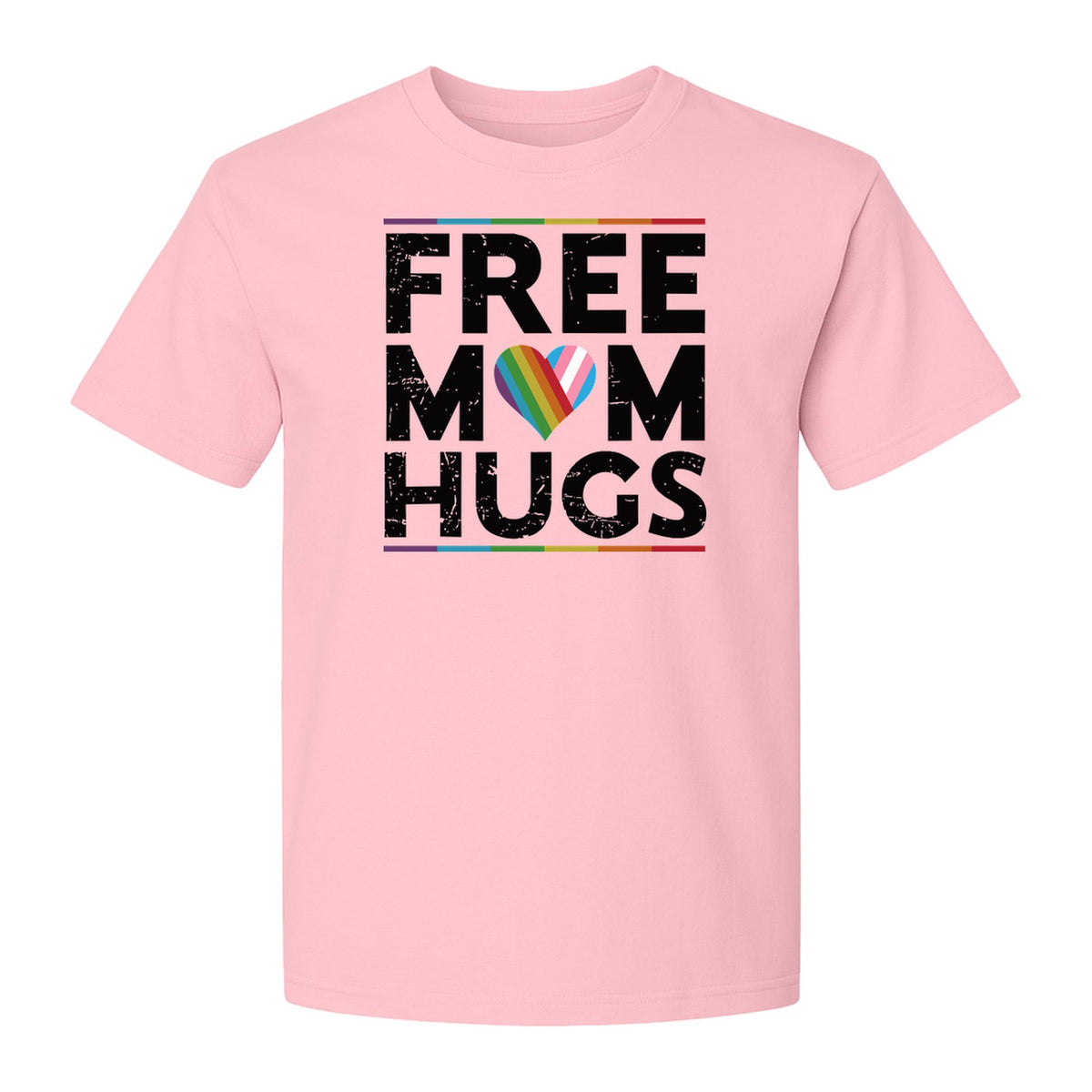 Free Mom Hugs T-Shirt, Rainbow Heart Design for LGBTQ+ Support and Pride Month Events