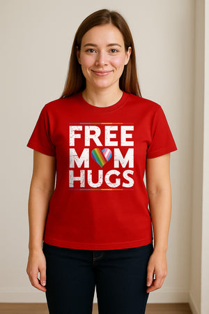 Free Mom Hugs T-Shirt, Rainbow Heart Design for LGBTQ+ Support and Pride Month Events