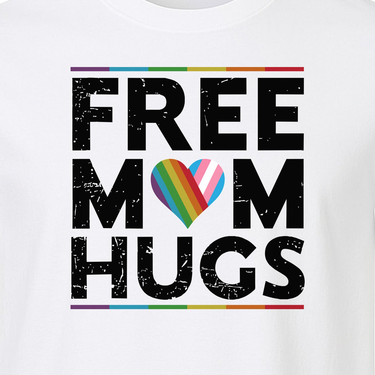 Free Mom Hugs T-Shirt, Rainbow Heart Design for LGBTQ+ Support and Pride Month Events