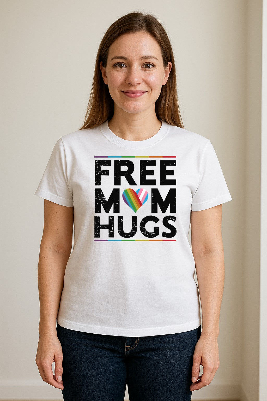 Free Mom Hugs T-Shirt, Rainbow Heart Design for LGBTQ+ Support and Pride Month Events