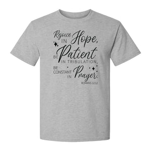 Christian Faith T-Shirt, Rejoice in Hope Romans 12:12 Scripture Design for Believers