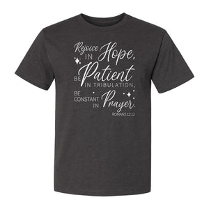 Christian Faith T-Shirt, Rejoice in Hope Romans 12:12 Scripture Design for Believers