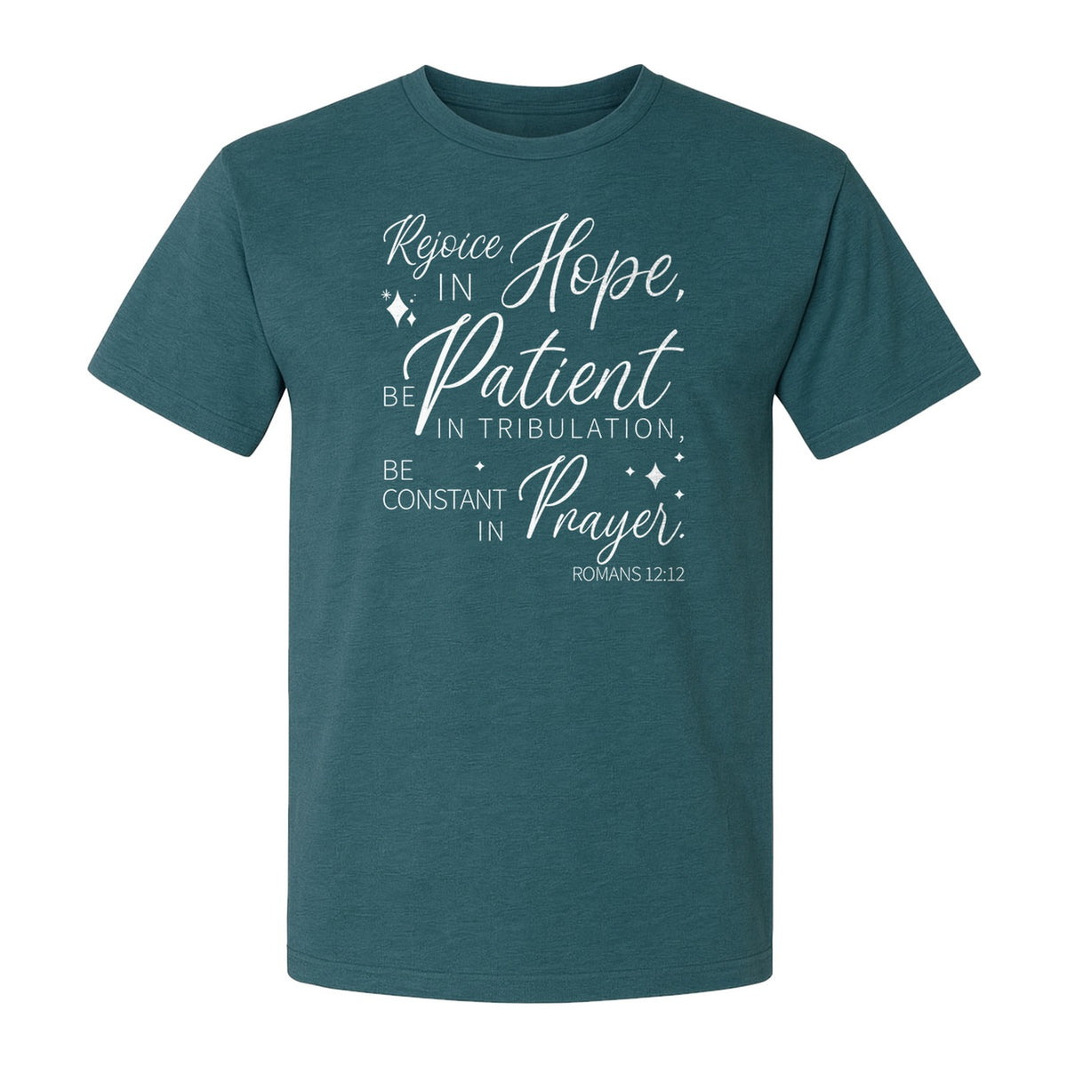 Christian Faith T-Shirt, Rejoice in Hope Romans 12:12 Scripture Design for Believers