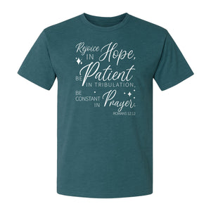 Christian Faith T-Shirt, Rejoice in Hope Romans 12:12 Scripture Design for Believers