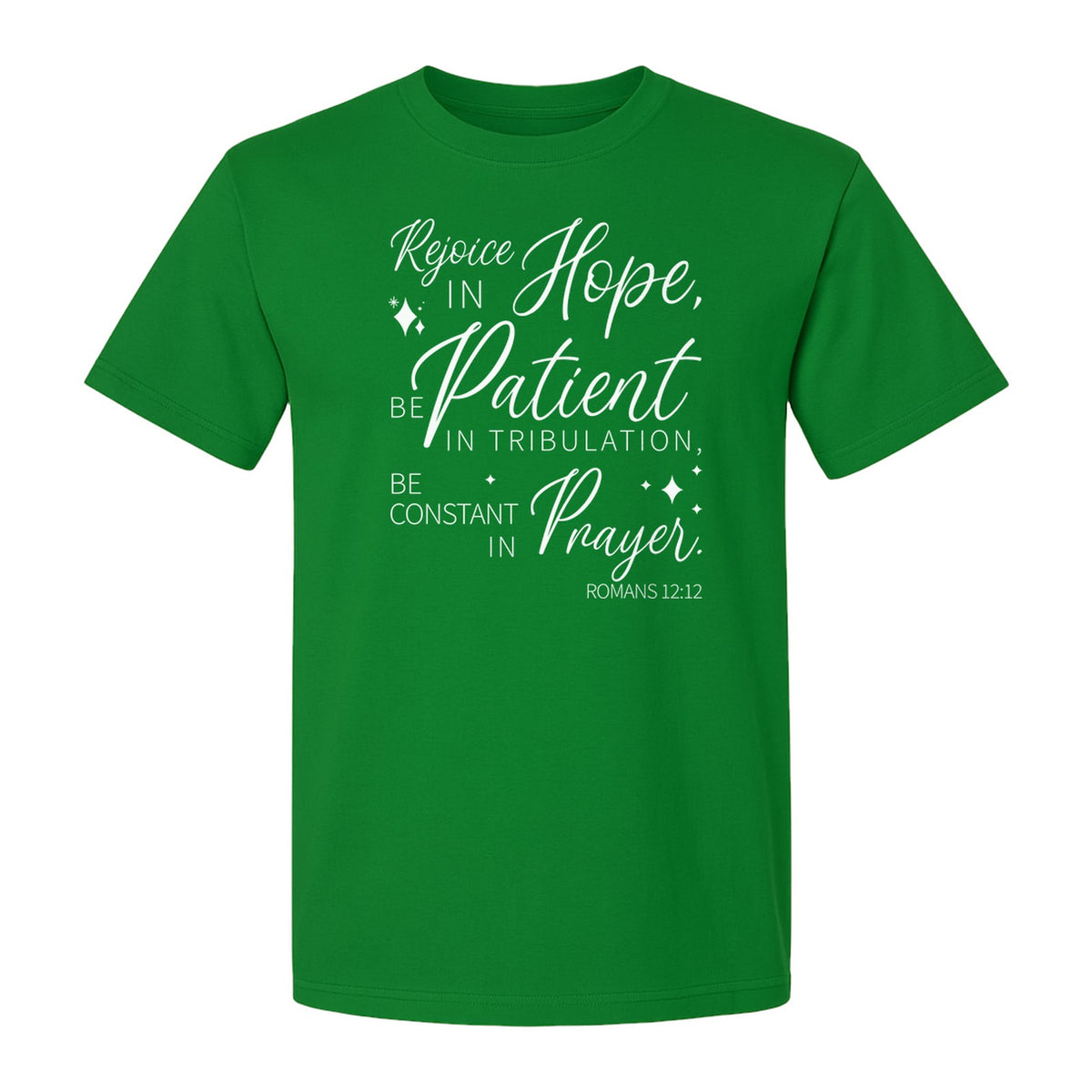 Christian Faith T-Shirt, Rejoice in Hope Romans 12:12 Scripture Design for Believers