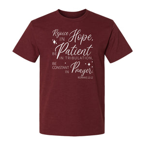Christian Faith T-Shirt, Rejoice in Hope Romans 12:12 Scripture Design for Believers