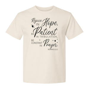 Christian Faith T-Shirt, Rejoice in Hope Romans 12:12 Scripture Design for Believers