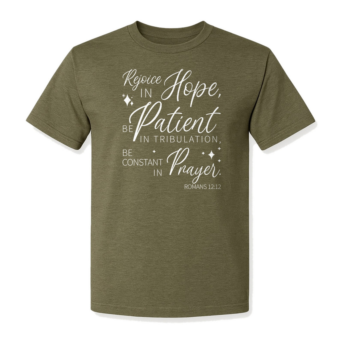 Christian Faith T-Shirt, Rejoice in Hope Romans 12:12 Scripture Design for Believers