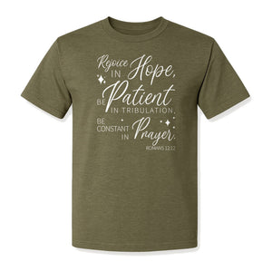 Christian Faith T-Shirt, Rejoice in Hope Romans 12:12 Scripture Design for Believers