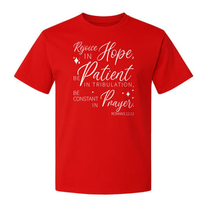 Christian Faith T-Shirt, Rejoice in Hope Romans 12:12 Scripture Design for Believers