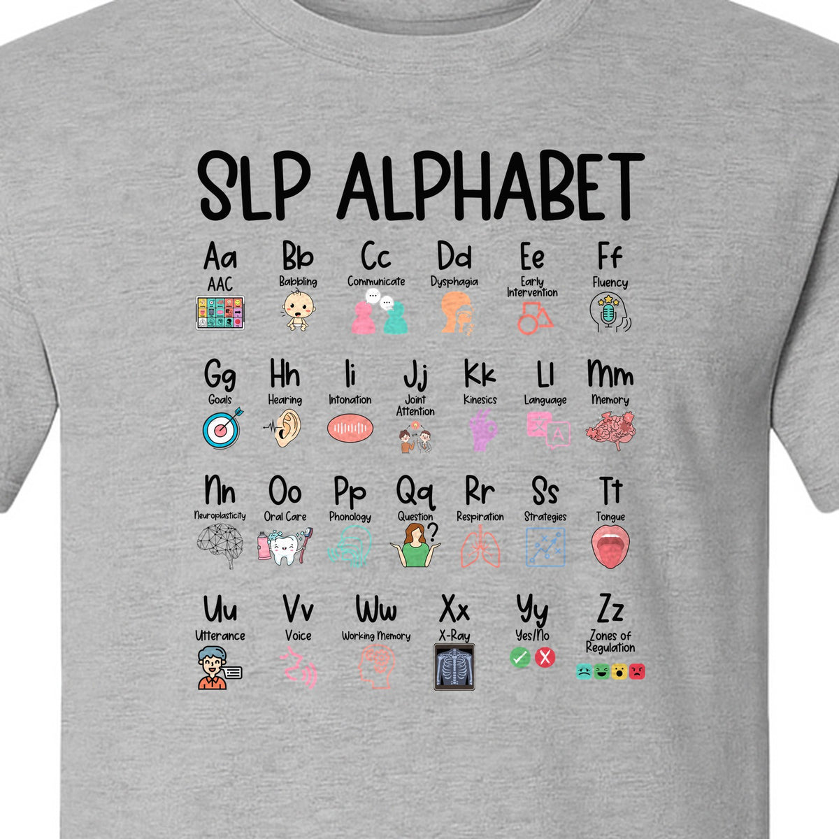 Speech Therapist T-Shirt, SLP Alphabet Design for Language Pathologists and Therapy Professionals