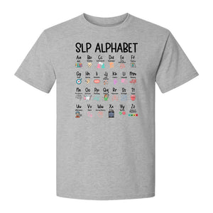 Speech Therapist T-Shirt, SLP Alphabet Design for Language Pathologists and Therapy Professionals