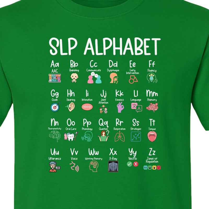 Speech Therapist T-Shirt, SLP Alphabet Design for Language Pathologists and Therapy Professionals