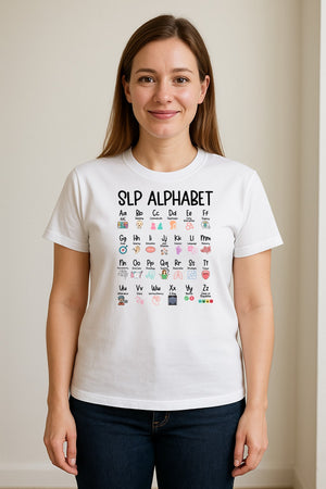 Speech Therapist T-Shirt, SLP Alphabet Design for Language Pathologists and Therapy Professionals