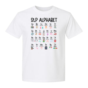 Speech Therapist T-Shirt, SLP Alphabet Design for Language Pathologists and Therapy Professionals
