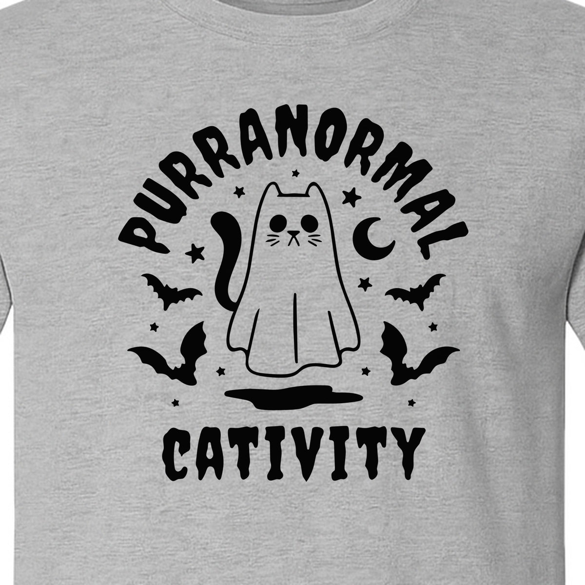 Purranormal Cativity T-Shirt, Ghost Kitty Halloween Graphic for Spooky Season and Feline Lovers