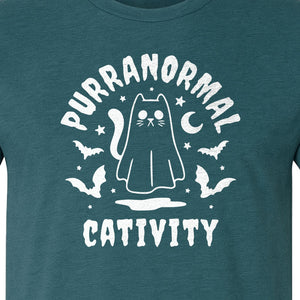 Purranormal Cativity T-Shirt, Ghost Kitty Halloween Graphic for Spooky Season and Feline Lovers