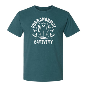 Purranormal Cativity T-Shirt, Ghost Kitty Halloween Graphic for Spooky Season and Feline Lovers
