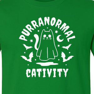 Purranormal Cativity T-Shirt, Ghost Kitty Halloween Graphic for Spooky Season and Feline Lovers
