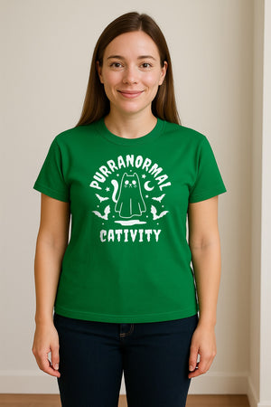 Purranormal Cativity T-Shirt, Ghost Kitty Halloween Graphic for Spooky Season and Feline Lovers
