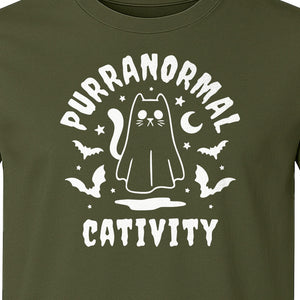 Purranormal Cativity T-Shirt, Ghost Kitty Halloween Graphic for Spooky Season and Feline Lovers