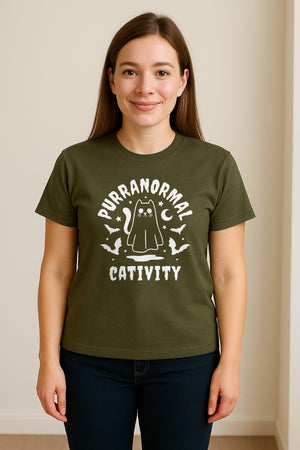 Purranormal Cativity T-Shirt, Ghost Kitty Halloween Graphic for Spooky Season and Feline Lovers