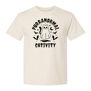 Purranormal Cativity T-Shirt, Ghost Kitty Halloween Graphic for Spooky Season and Feline Lovers