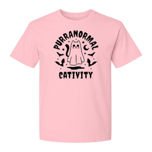 Purranormal Cativity T-Shirt, Ghost Kitty Halloween Graphic for Spooky Season and Feline Lovers