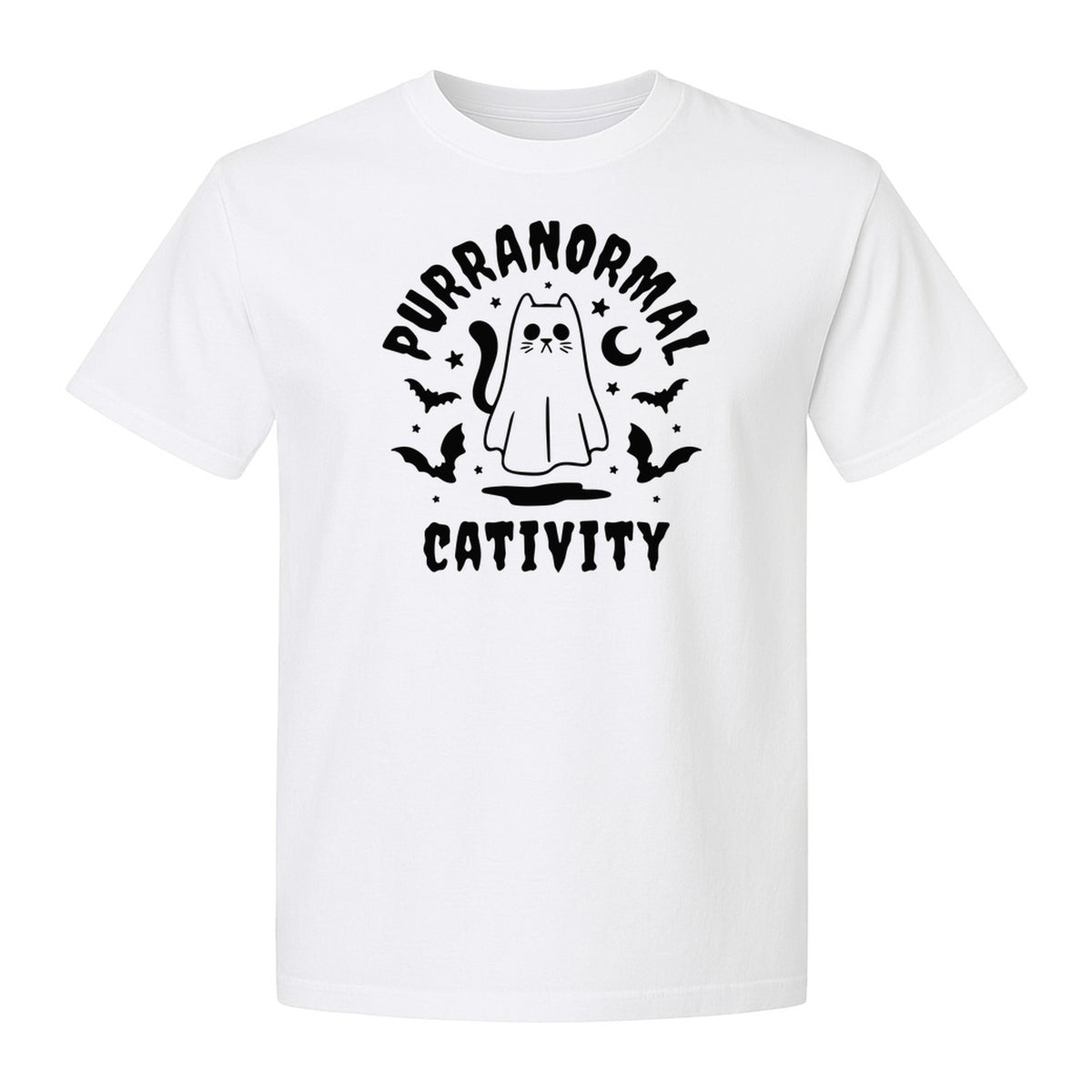 Purranormal Cativity T-Shirt, Ghost Kitty Halloween Graphic for Spooky Season and Feline Lovers