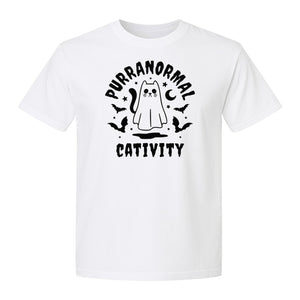 Purranormal Cativity T-Shirt, Ghost Kitty Halloween Graphic for Spooky Season and Feline Lovers