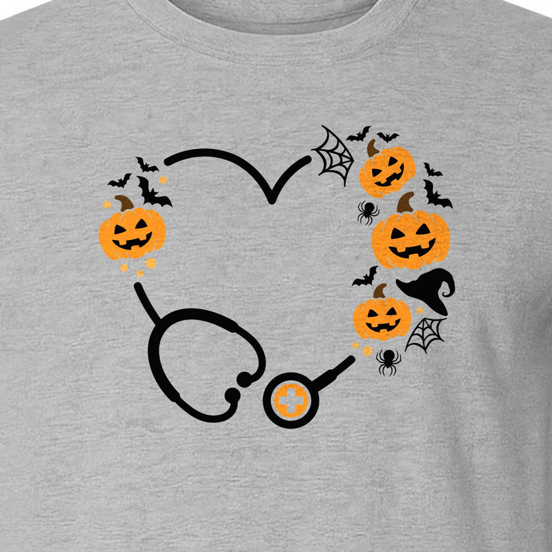Nurse Halloween T-Shirt, Stethoscope Heart with Pumpkins, Bats and Spiderwebs for Healthcare Workers