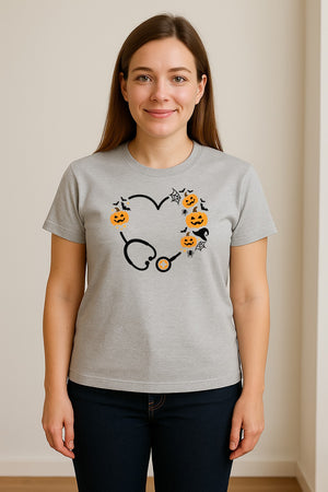 Nurse Halloween T-Shirt, Stethoscope Heart with Pumpkins, Bats and Spiderwebs for Healthcare Workers