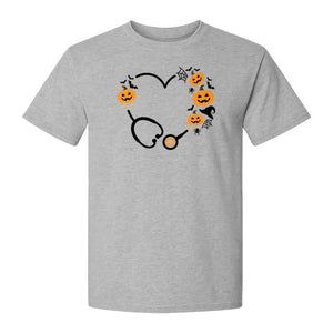 Nurse Halloween T-Shirt, Stethoscope Heart with Pumpkins, Bats and Spiderwebs for Healthcare Workers