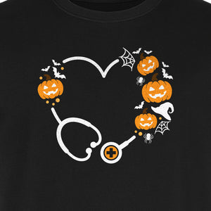 Nurse Halloween T-Shirt, Stethoscope Heart with Pumpkins, Bats and Spiderwebs for Healthcare Workers