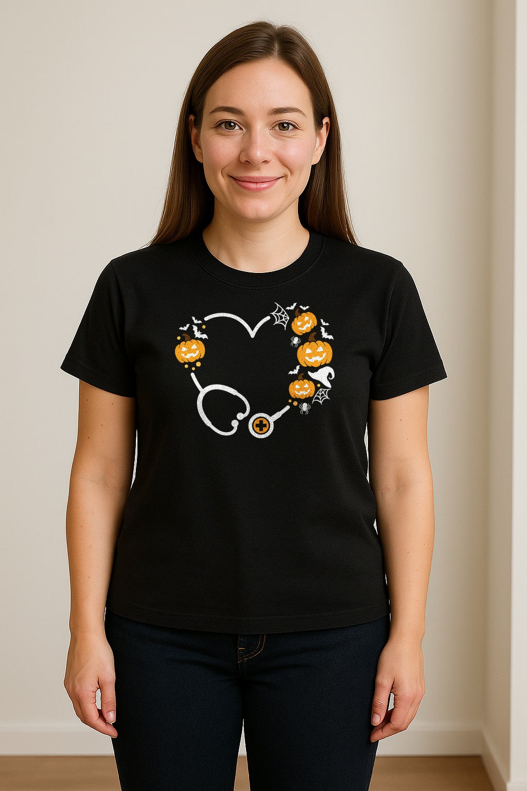 Nurse Halloween T-Shirt, Stethoscope Heart with Pumpkins, Bats and Spiderwebs for Healthcare Workers