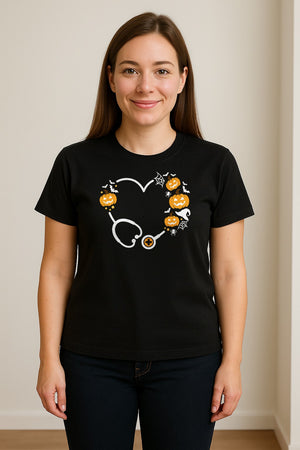 Nurse Halloween T-Shirt, Stethoscope Heart with Pumpkins, Bats and Spiderwebs for Healthcare Workers