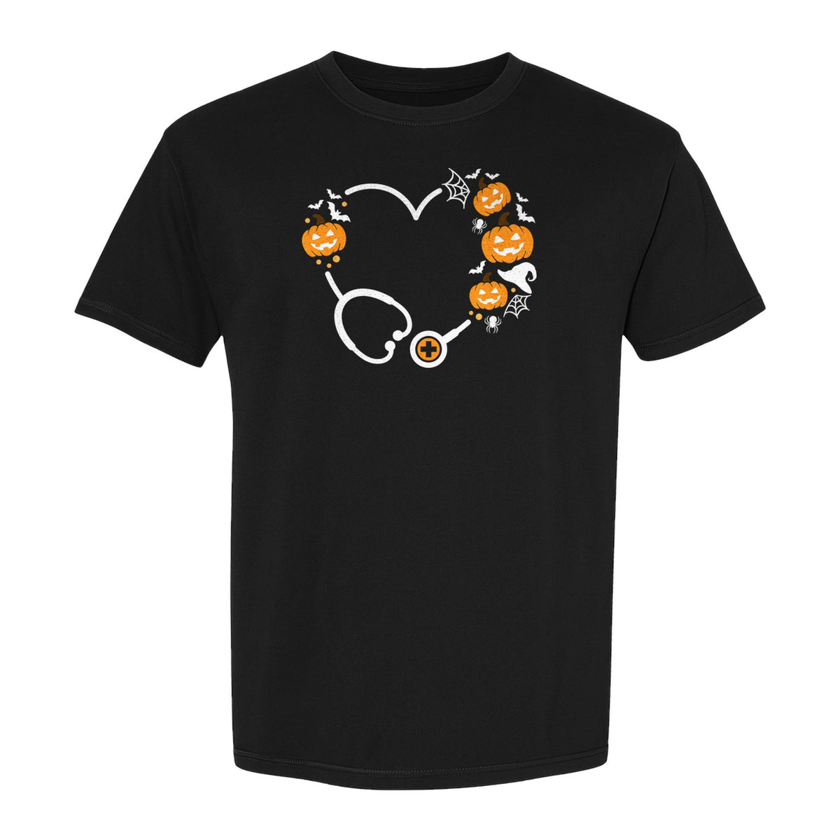 Nurse Halloween T-Shirt, Stethoscope Heart with Pumpkins, Bats and Spiderwebs for Healthcare Workers
