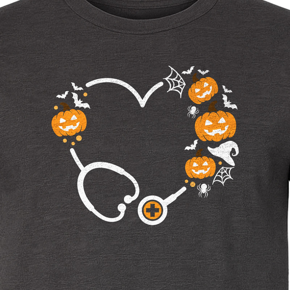 Nurse Halloween T-Shirt, Stethoscope Heart with Pumpkins, Bats and Spiderwebs for Healthcare Workers