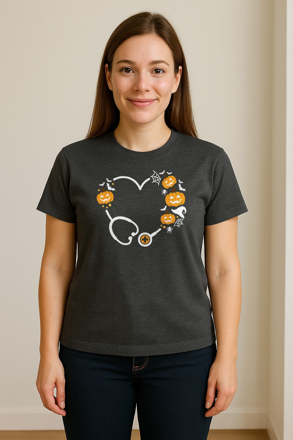 Nurse Halloween T-Shirt, Stethoscope Heart with Pumpkins, Bats and Spiderwebs for Healthcare Workers