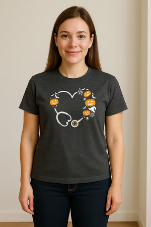 Nurse Halloween T-Shirt, Stethoscope Heart with Pumpkins, Bats and Spiderwebs for Healthcare Workers