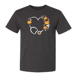 Nurse Halloween T-Shirt, Stethoscope Heart with Pumpkins, Bats and Spiderwebs for Healthcare Workers
