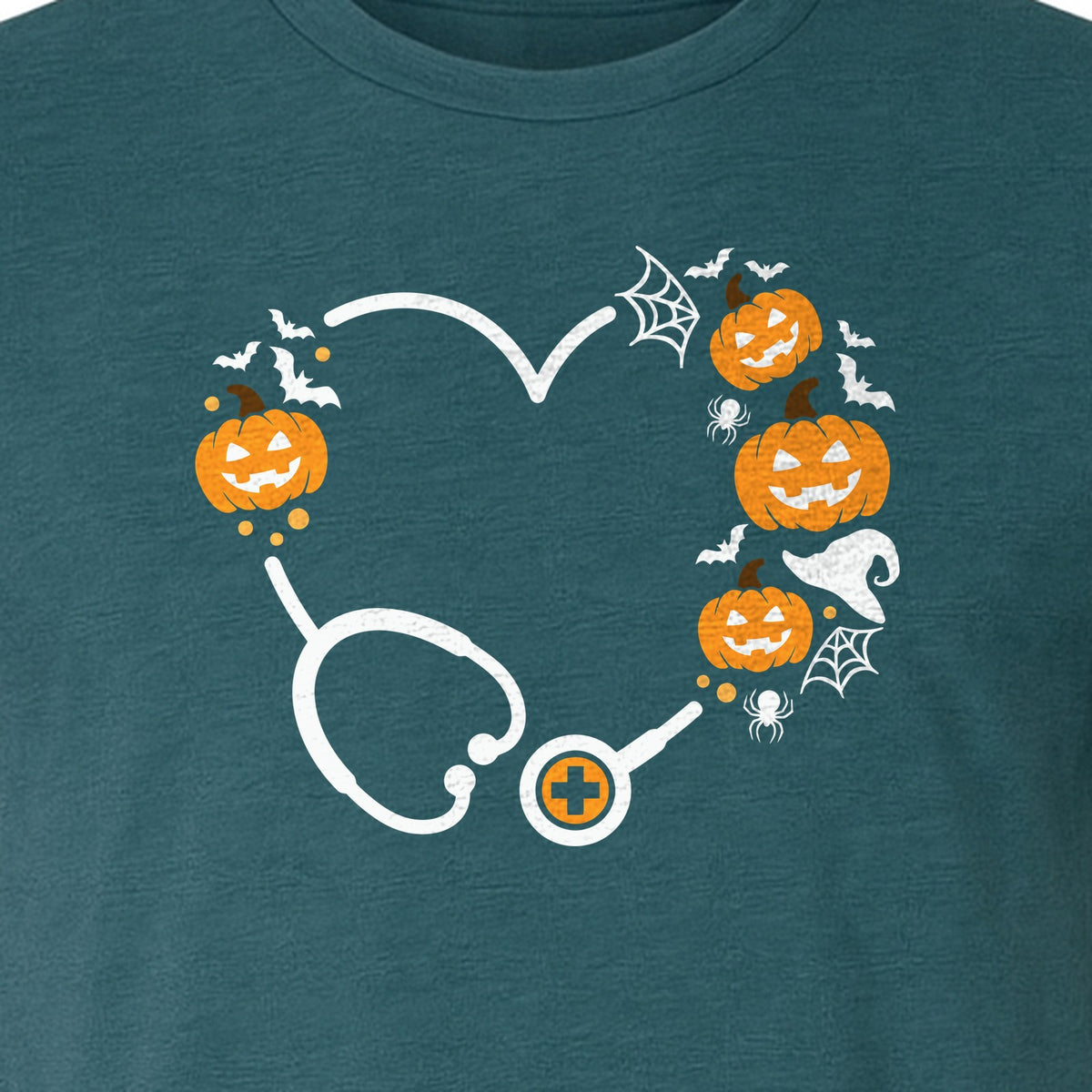 Nurse Halloween T-Shirt, Stethoscope Heart with Pumpkins, Bats and Spiderwebs for Healthcare Workers