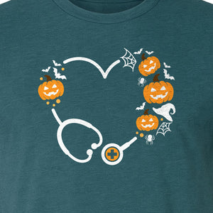 Nurse Halloween T-Shirt, Stethoscope Heart with Pumpkins, Bats and Spiderwebs for Healthcare Workers