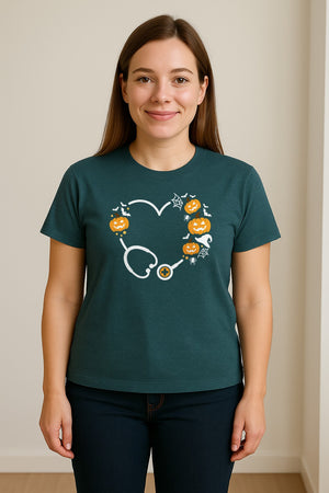 Nurse Halloween T-Shirt, Stethoscope Heart with Pumpkins, Bats and Spiderwebs for Healthcare Workers