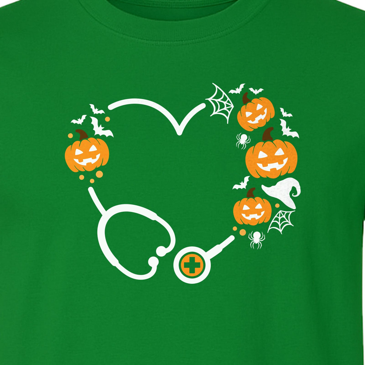Nurse Halloween T-Shirt, Stethoscope Heart with Pumpkins, Bats and Spiderwebs for Healthcare Workers