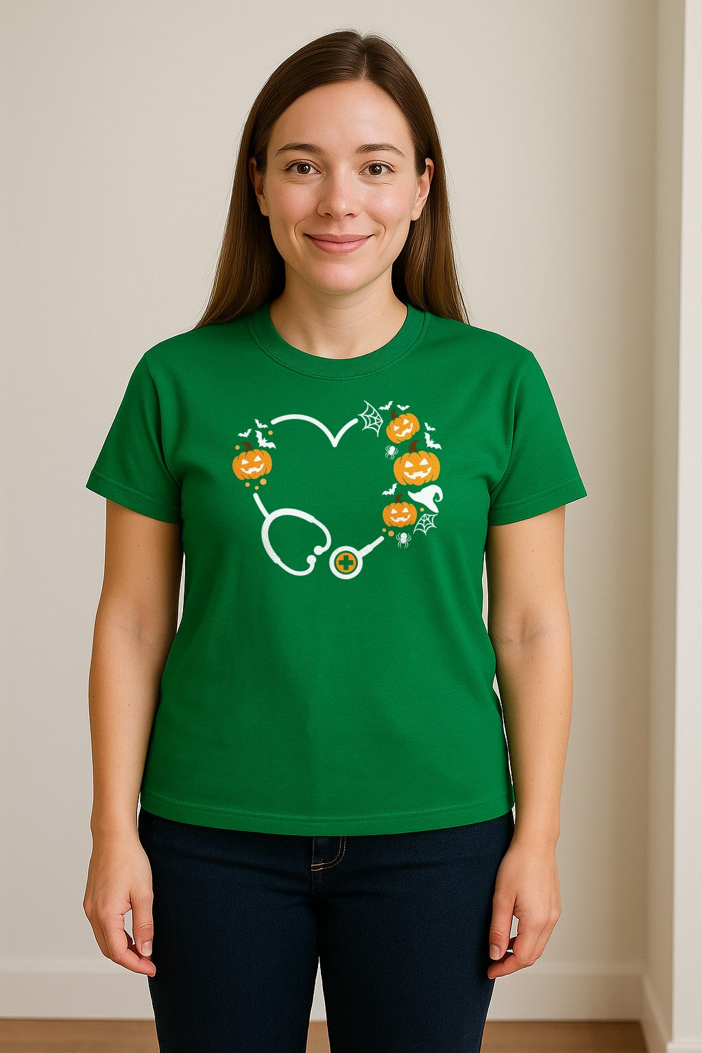 Nurse Halloween T-Shirt, Stethoscope Heart with Pumpkins, Bats and Spiderwebs for Healthcare Workers